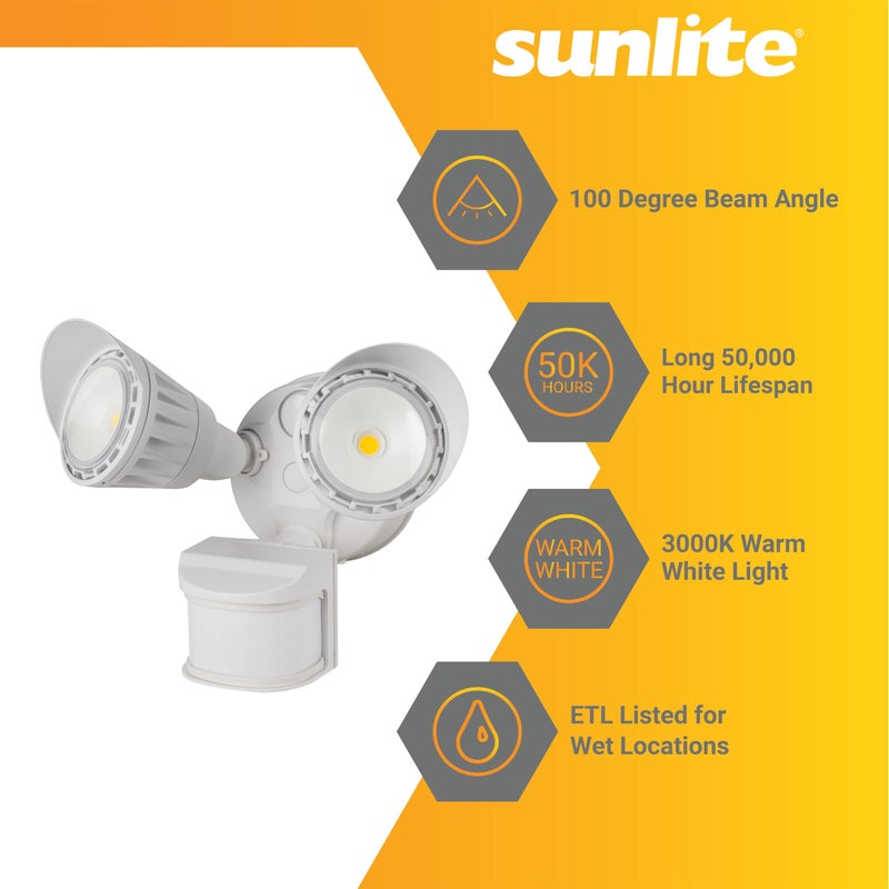 Sunlite ضوء أمان خارجي LED من صنلايت 88918 مع مستشعر حركة، 20 واط، 1800 لومن، 3000 كلفن أبيض دافئ، 80 CRI، مدرج من ETL، أبيض، للمداخل، الشرفات والمرائب - Image 3